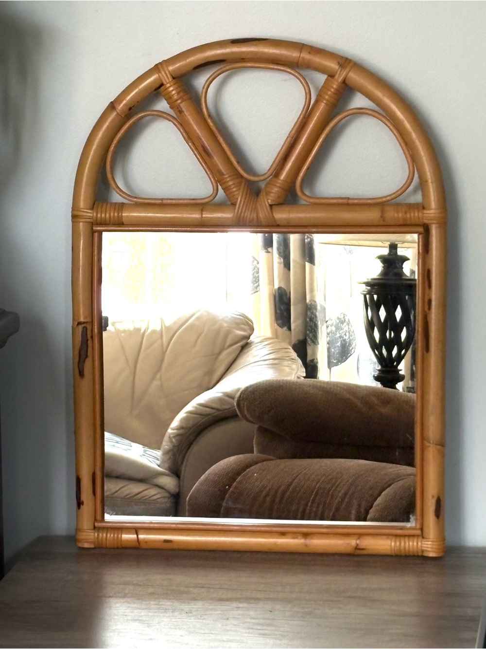 Rattan Arch-Top Wall Mirror in Honey Brown